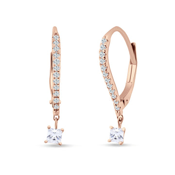 Round & Princess Cut CZ Dangle Hoop Leverback Earrings Rose Tone 925 Sterling Silver